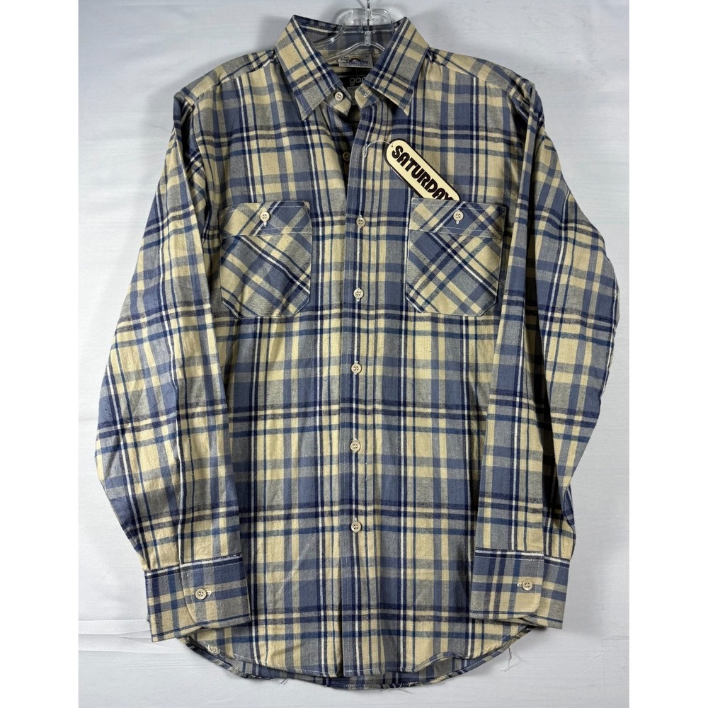 Vintage Saturdays in California Plaid Flannel Shirt Mens Medium Blue Tan Cotton